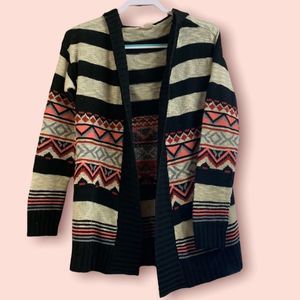 Black beige and pink self-esteem striped cardigan size large with hood